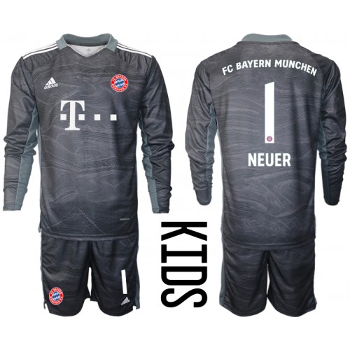 Bayern Munich Målvakt Manuel Neuer #1 Replika Bortatröja Barn Mörkgrå 2021/22 Långärmad (+ Korta byxor)