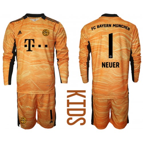 Bayern Munich Målvakt Manuel Neuer #1 Replika Hemmatröja Orange Barn 2021/22 Långärmad (+ Korta byxor)