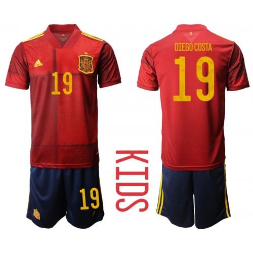 Billiga Spanien Diego Costa #19 Replika Hemmatröja EM 2020 röd Kortärmad (+ Korta byxor) För Barn Rea