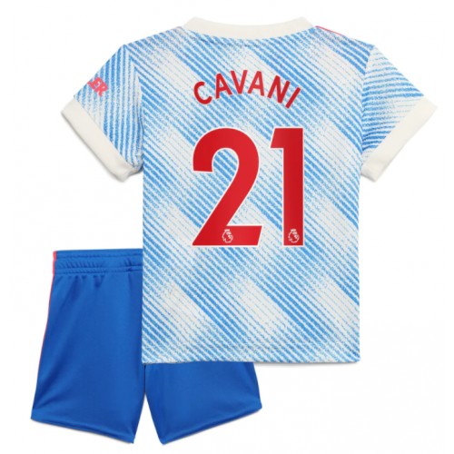 Billigt Manchester United Edinson Cavani #21 Replika Bortatröja Barn 2021/22 Vit Blå Kortärmad (+ Korta byxor)