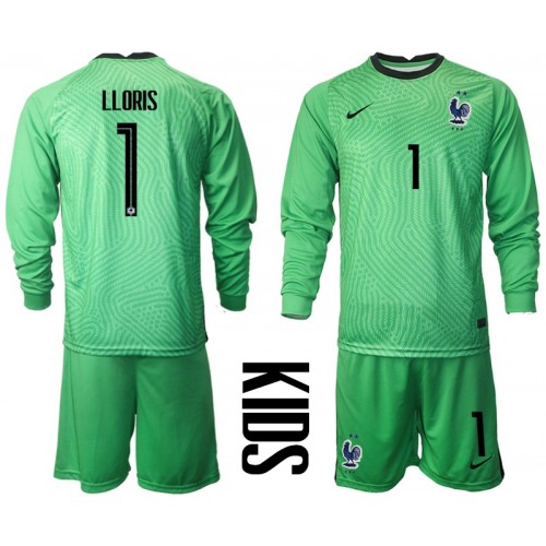 Frankrike Målvakt Hugo Lloris #1 Replika Hemmatröja EM 2020 Grön Barn Långärmad (+ Korta byxor)