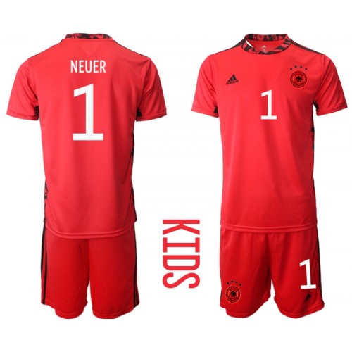 Tyskland Målvakt Manuel Neuer #1 Replika Bortatröja EM tröjor 2020 Barn Röd Kortärmad (+ Korta byxor)