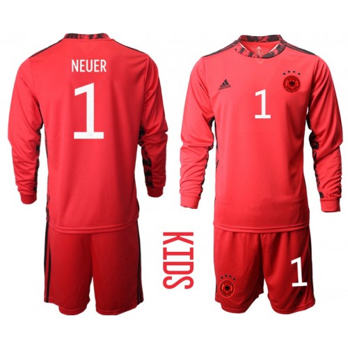 Tyskland Målvakt Manuel Neuer #1 Replika Bortatröja EM tröjor 2020 Barn Röd Långärmad (+ Korta byxor)