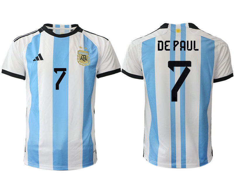 Argentina DE PAUL #7 Hemmatröja FIFA World Cup Qatar 2022 Herr Fotbollströjor Vit blå Kortärmad