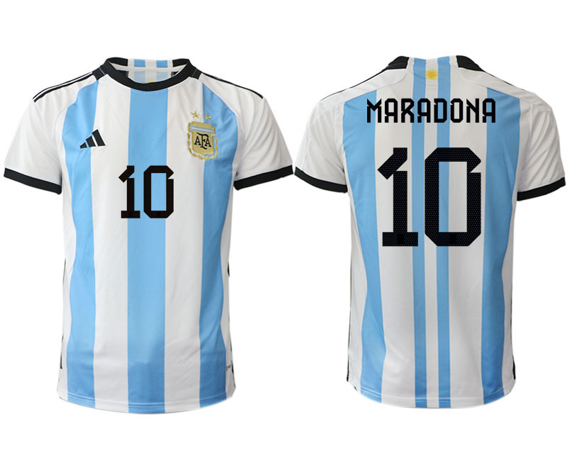 Argentina MARADONA #10 Hemmatröja FIFA World Cup Qatar 2022 Herr Fotbollströjor Vit blå Kortärmad