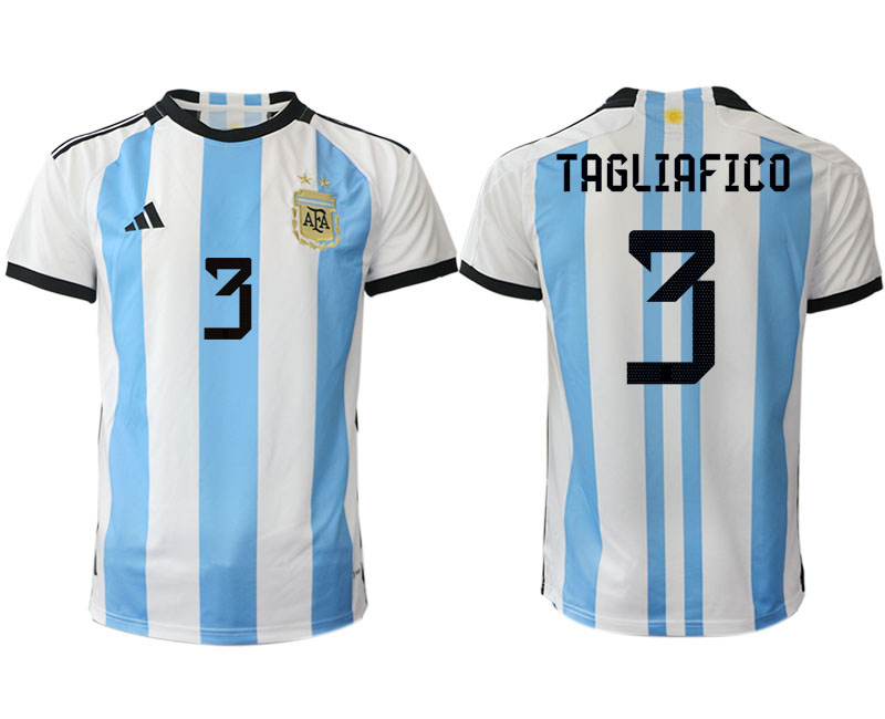 Argentina TAGLIAFICO #3 Hemmatröja FIFA World Cup Qatar 2022 Herr Fotbollströjor Vit blå Kortärmad
