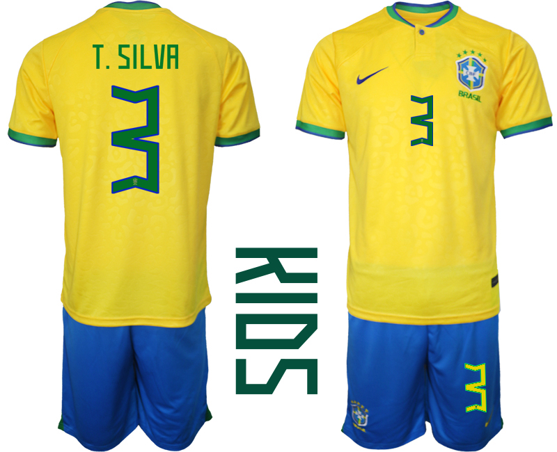 Brasilien Hemmatröja Barn FIFA VM 2022 Qatar Kortärmad + Korta byxor med namn T.SILVA 3