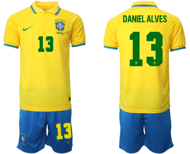 Brasilien Herr Hemmatröja VM 2022 Kortärmad + Korta byxor med namn DANIEL ALVES 13
