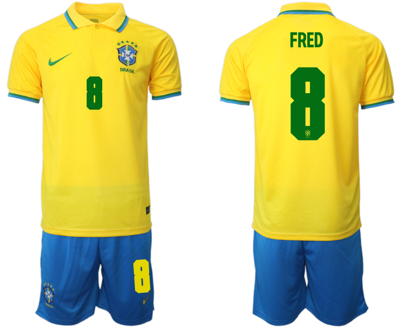 Brasilien Herr Hemmatröja VM 2022 Kortärmad + Korta byxor med namn FRED 8