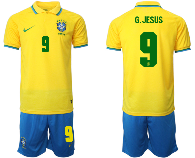 Brasilien Herr Hemmatröja VM 2022 Kortärmad + Korta byxor med namn G.JESUS 9