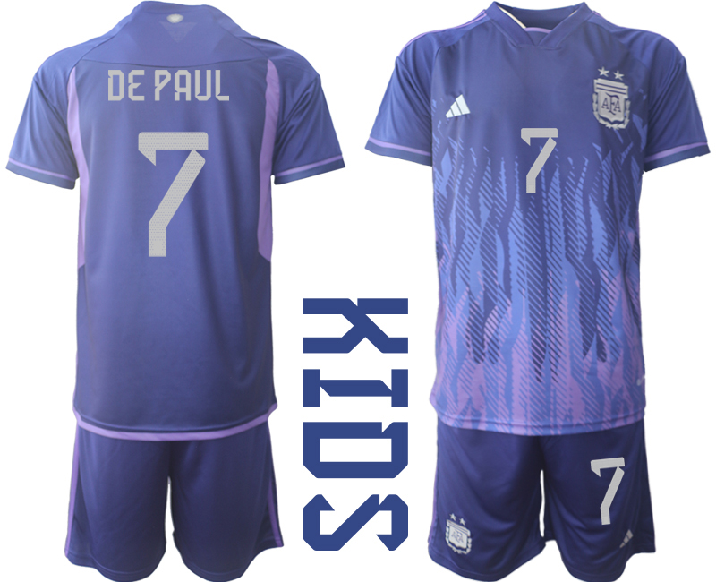 DE PAUL #7 Argentina Bortatröja FIFA World Cup Qatar 2022 Barn purpurfärgad Kortärmad + Korta byxor