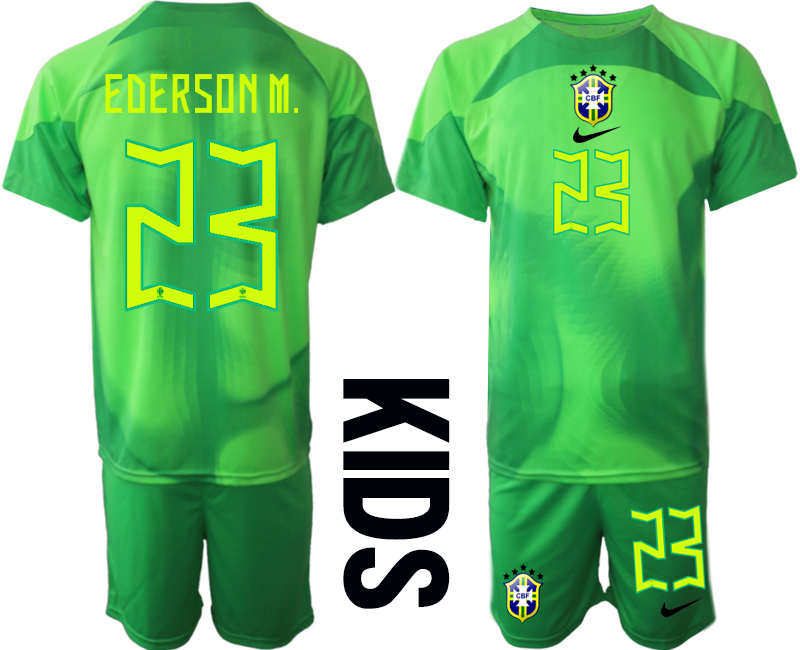 EDERSON M. #23 Brasilien Målvaktströja Barn FIFA VM 2022 Qatar grön Kortärmad + Korta byxor