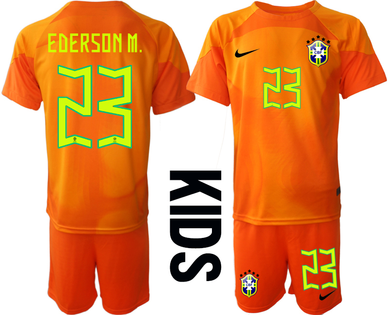 EDERSON M. #23 Brasilien Målvaktströja Barn FIFA VM 2022 Qatar orange Kortärmad + Korta byxor