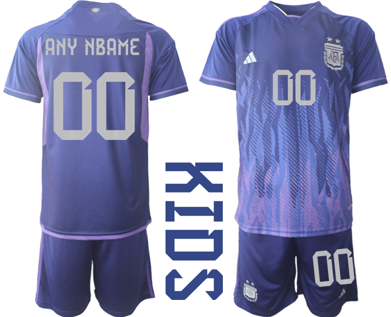 köpa Argentina Bortatröja FIFA World Cup Qatar 2022 Barn purpurfärgad Kortärmad + Korta byxor