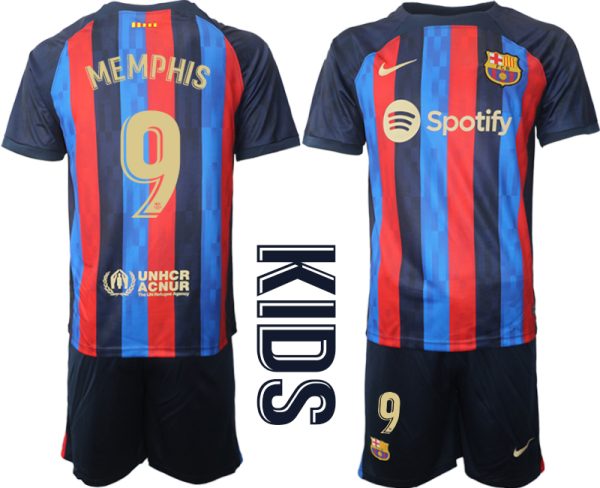 MEMPHIS #9 FC Barcelona Hemmatröja Barn 2022-23 Kortärmad + Korta byxor