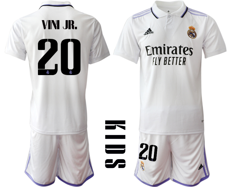 Real Madrid Hemmatröja Barn 2022-23 Kortärmad + Korta byxor med tryck VINI JR.20