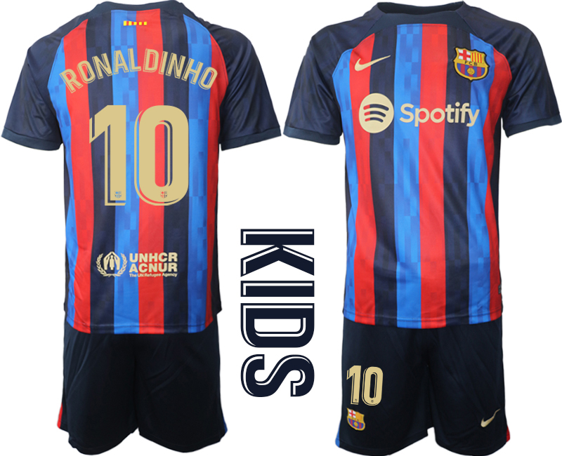 RONALDINHO #10 Barcelona Hemmatröja Barn 2022-23 Kortärmad + Korta byxor för Barn