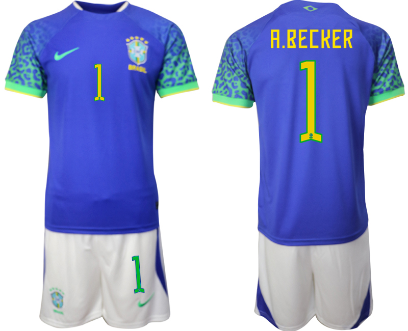 A.BECKER #1 Beställa Brasilien Bortatröja Herr VM 2022 Kortärmad + Korta byxor