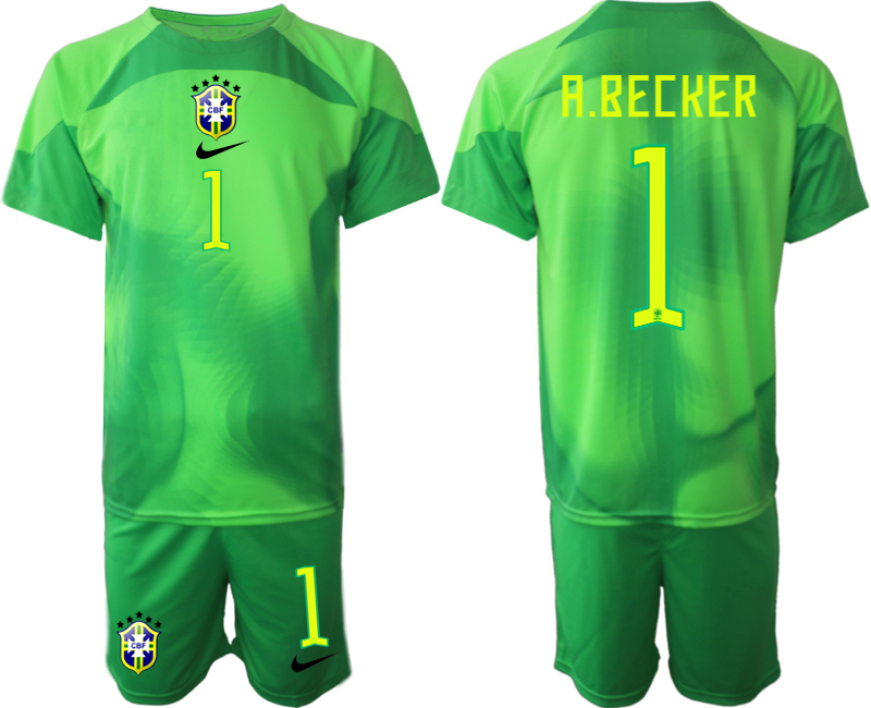 Brasilien Målvakt Hemmatröja Herr VM 2022 grön Kortärmad + Korta byxor med namn A.BECKER 1