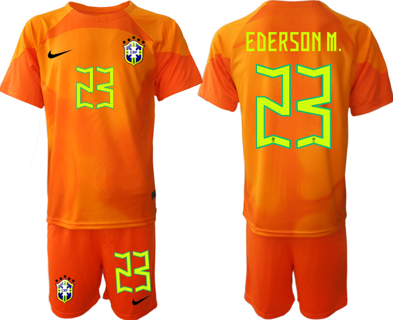 Brasilien Målvakt Hemmatröja Herr VM 2022 Orange Kortärmad + Korta byxor med tryck EDERSON M. 23
