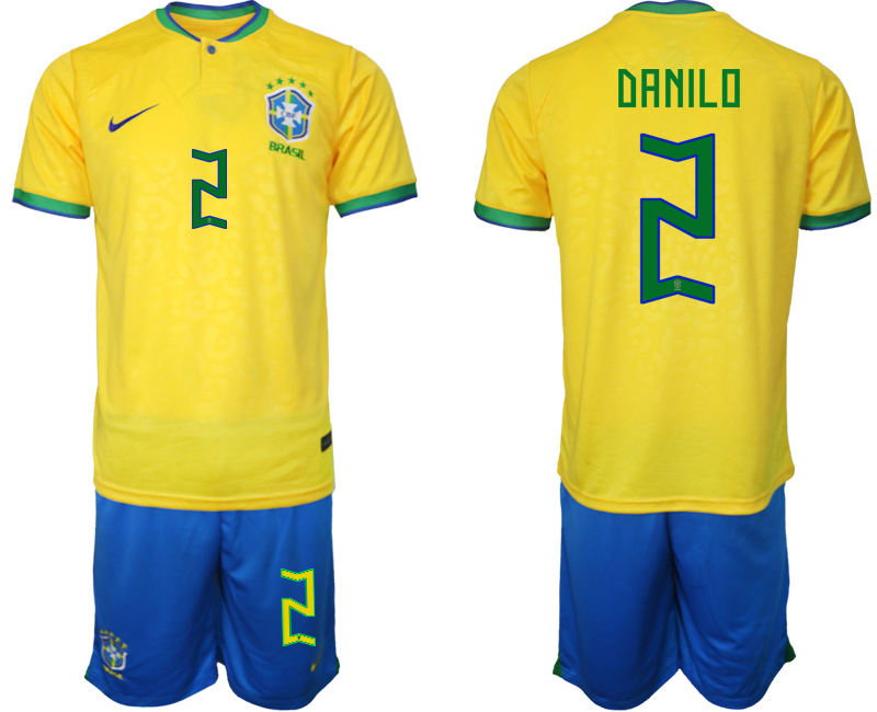 DANILO #2 Brasilien Hemmatröja Herr VM 2022 Kortärmad + Korta byxor