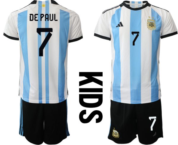 DE PAUL #7 Argentina Hemmatröja FIFA World Cup Qatar 2022 barn Kortärmad + Korta byxor