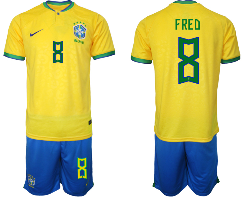 FRED #8 Brasilien Hemmatröja Herr VM 2022 Kortärmad + Korta byxor