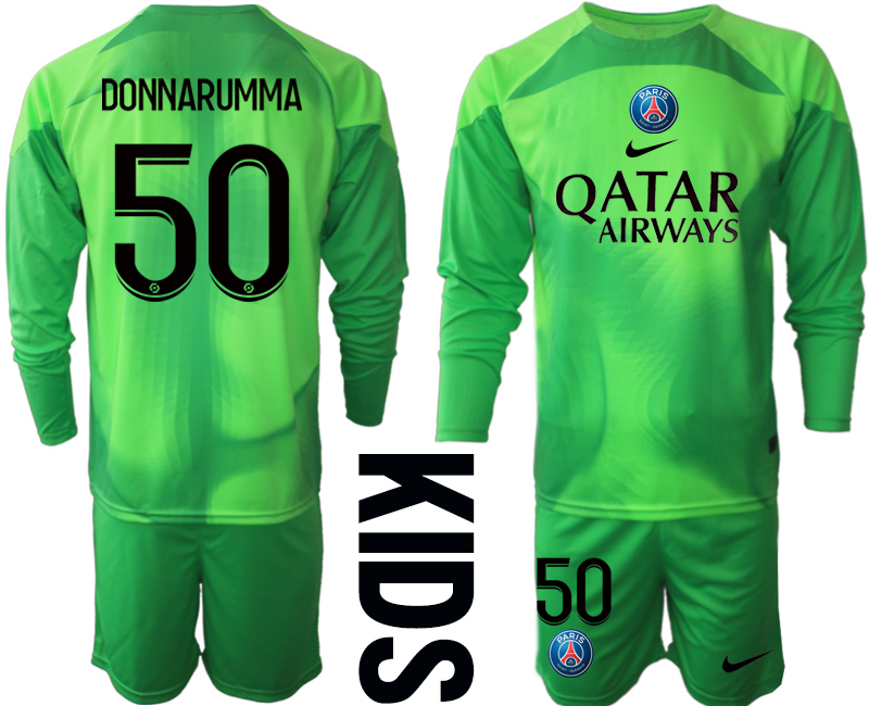 Beställa Fotbollströjor DONNARUMMA #50 Paris Saint-Germain PSG Målvakt Barn 2023 grön Långärmad + Korta byxor