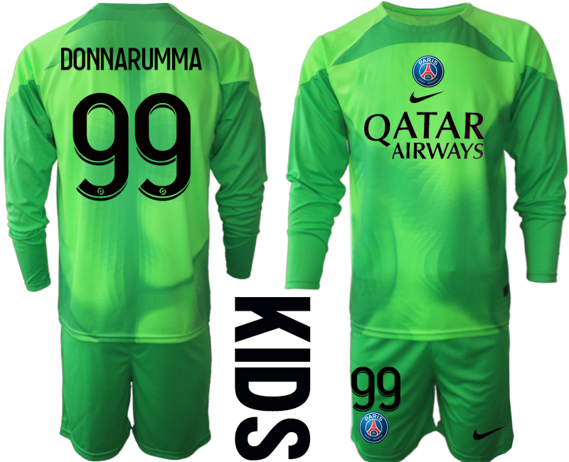 Beställa Fotbollströjor DONNARUMMA #99 Paris Saint-Germain PSG Målvakt Barn 2023 grön Långärmad + Korta byxor