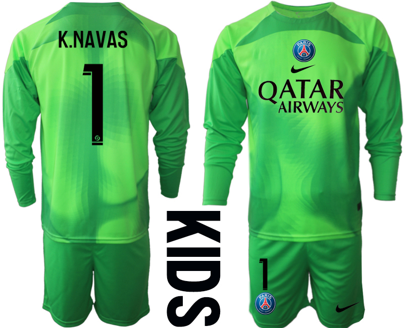 Beställa Fotbollströjor K.NAVAS #1 Paris Saint-Germain PSG Målvakt Barn 2023 grön Långärmad + Korta byxor