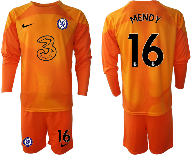 Billiga MENDY #16 Fotbollströjor För Män Chelsea FC 2023 Målvaktströja orange Långärmad + Korta byxor