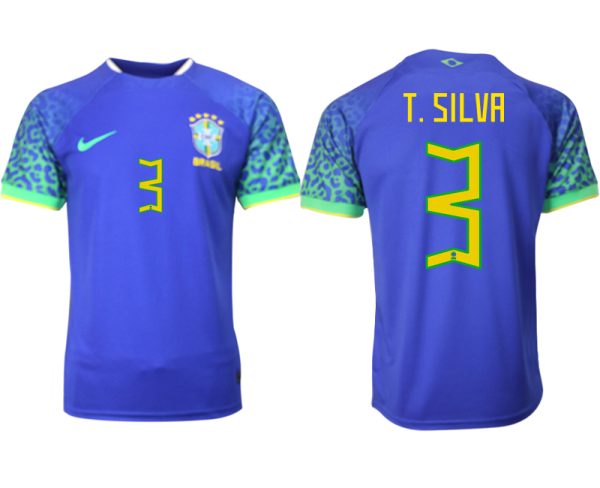 Billigt Brasilien Bortatröja Herr VM 2022 Kortärmad Billiga Fotbollströjor med tryck T.SILVA 3