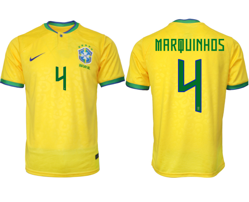 Billigt Brasilien Hemmatröja Herr VM 2022 Gul Fotbollströjor med tryck MARQUINHOS 4