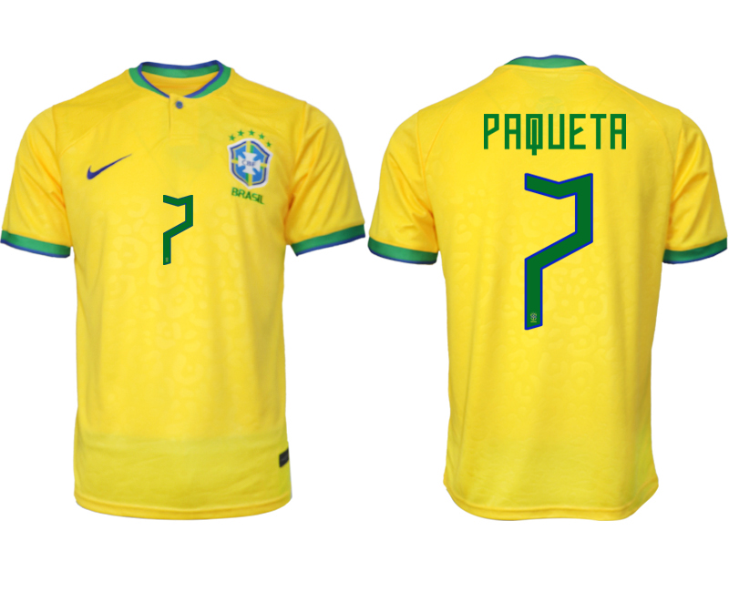 Billigt Brasilien Hemmatröja Herr VM 2022 Gul Fotbollströjor med tryck PAQUETA 7
