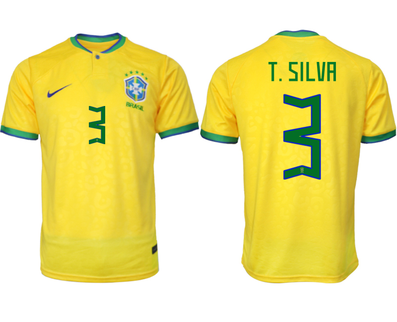 Billigt Brasilien Hemmatröja Herr VM 2022 Gul Fotbollströjor med tryck T.SILVA 3