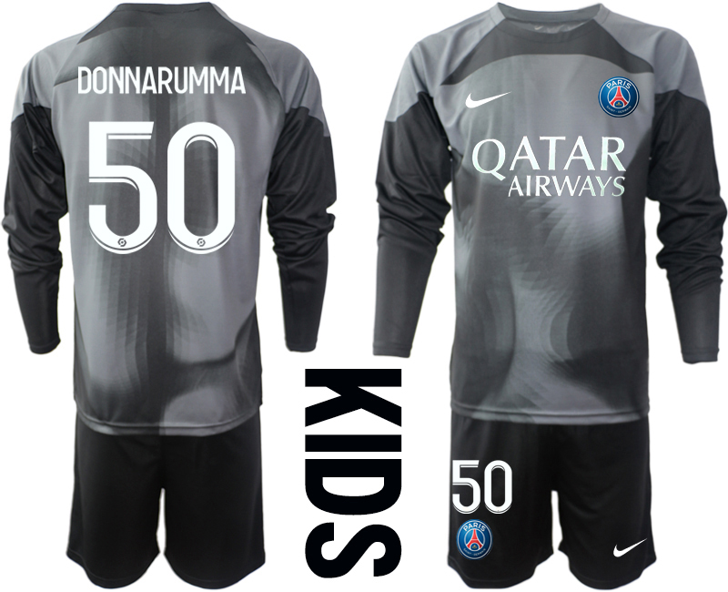 Billigt Fotbollströjor Paris Saint-Germain PSG Målvakt Barn 2023 svart Långärmad Fotbollströja Set med tryck DONNARUMMA 50