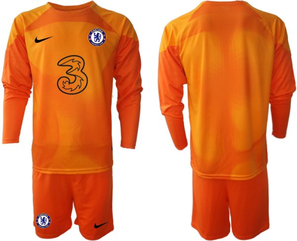 Chelsea FC 2023 Målvaktströja orange Långärmad + Korta byxor Fotbollströja Set