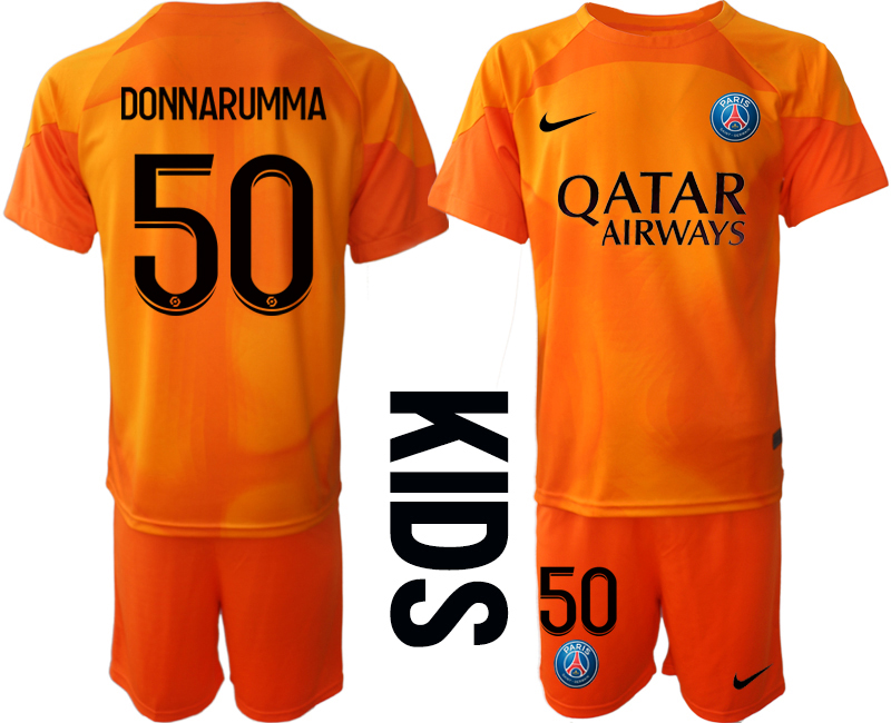Fotbollströja Set DONNARUMMA #50 Paris Saint-Germain PSG Målvakt Barn 2023 orange Kortärmad + Korta byxor