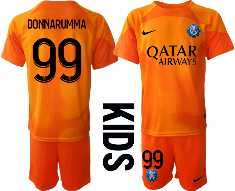 Fotbollströja Set DONNARUMMA #99 Paris Saint-Germain PSG Målvakt Barn 2023 orange Kortärmad + Korta byxor