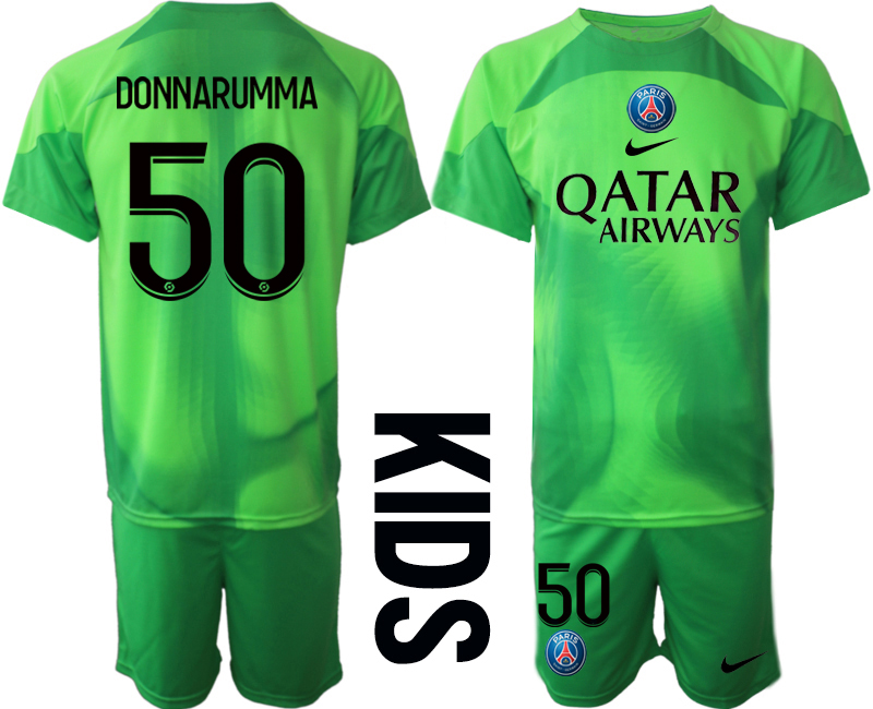 Fotbollströja Set Paris Saint-Germain PSG Målvakt Barn 2023 grön Kortärmad + Korta byxor med tryck DONNARUMMA 50