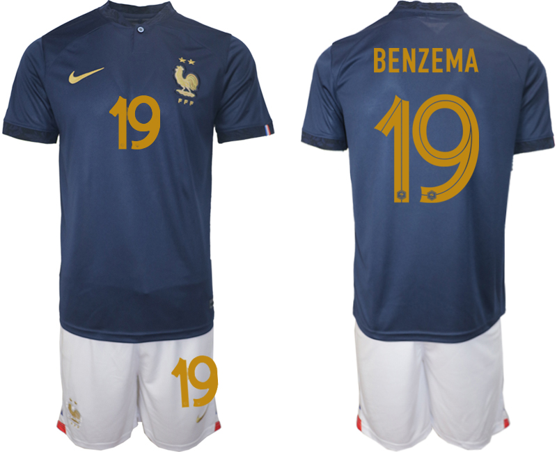 Frankrike Hemmatröja VM 2022 Herr Kortärmad Fotbollströja Set med tryck BENZEMA 19