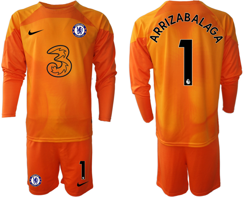 köpa ARRIZABALAGA #1 Fotbollströjor För Män Chelsea FC 2023 Målvaktströja orange Långärmad + Korta byxor
