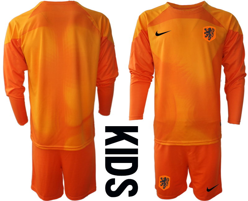 Nederländerna Barn Målvaktströja 2023 orange Långärmad + Korta byxor Fotbollströjor För Män