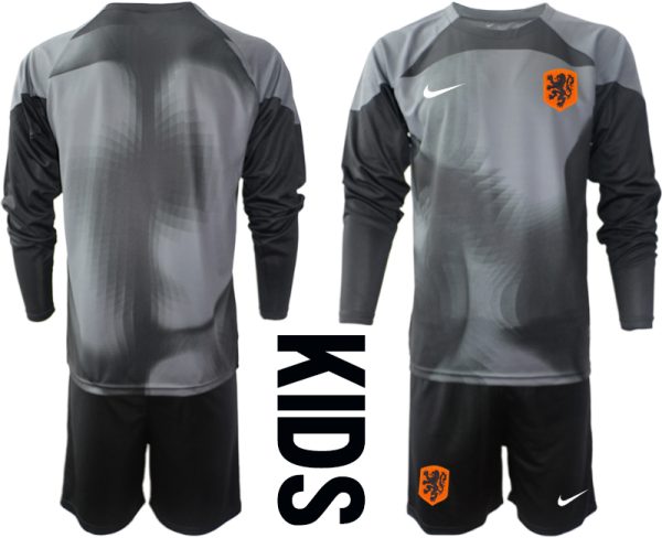 Nederländerna Barn Målvaktströja 2023 svart Långärmad + Korta byxor Fotbollströja med namn