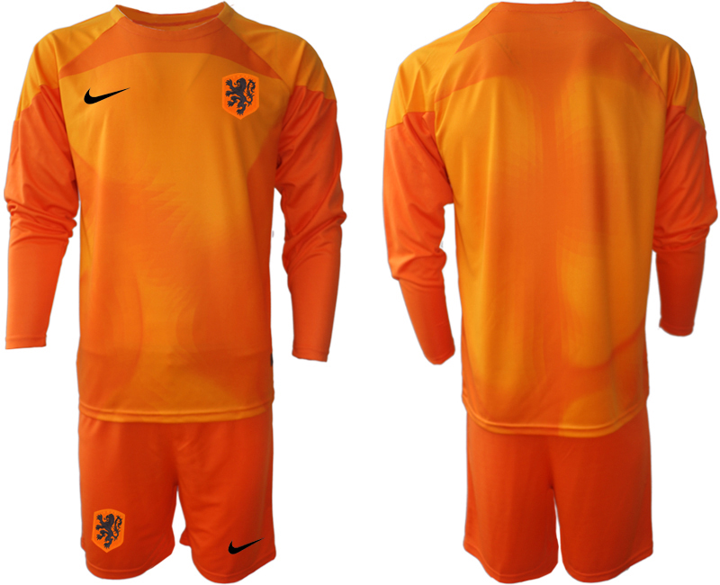 Nederländerna Herr Målvaktströja 2023 orange Långärmad + Korta byxor Fotbollströjor Billigt