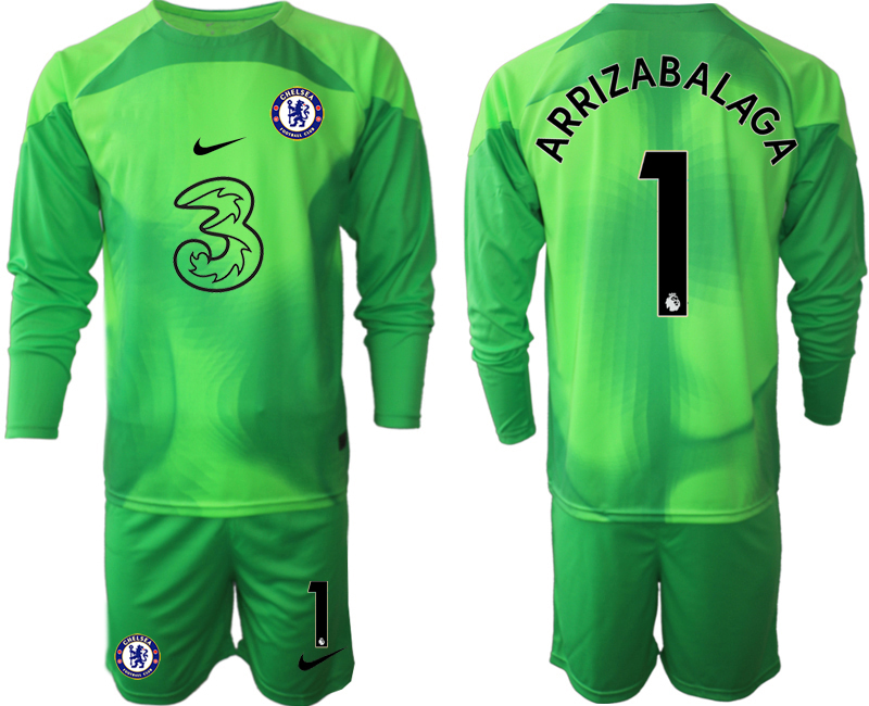 Nya ARRIZABALAGA #1 Billiga Chelsea FC 2023 för Herr Målvaktströja Grön Långärmad + Korta byxor