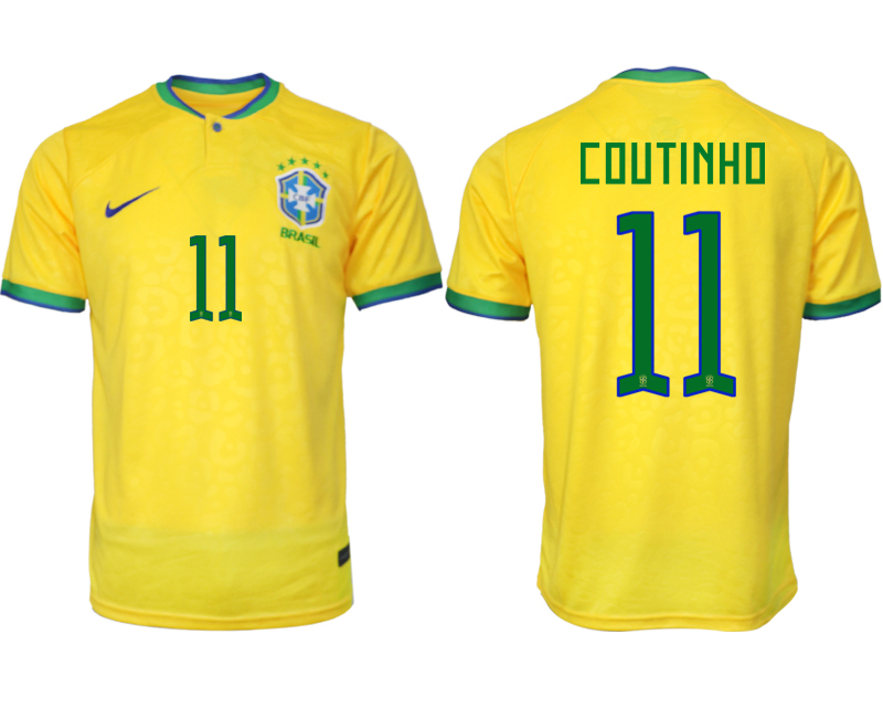 Nya Brasilien Hemmatröja Herr VM 2022 Gul Fotbollströjor med tryck COUTINHO 11