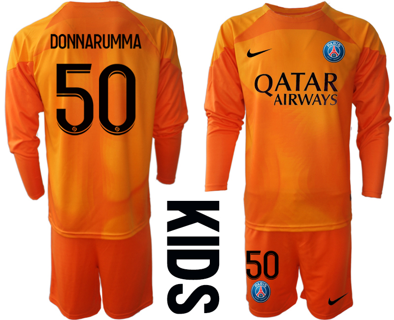 Nya Paris Saint-Germain PSG Målvakt Barn 2023 Orange Långärmad Fotbollströja Set med tryck DONNARUMMA 50
