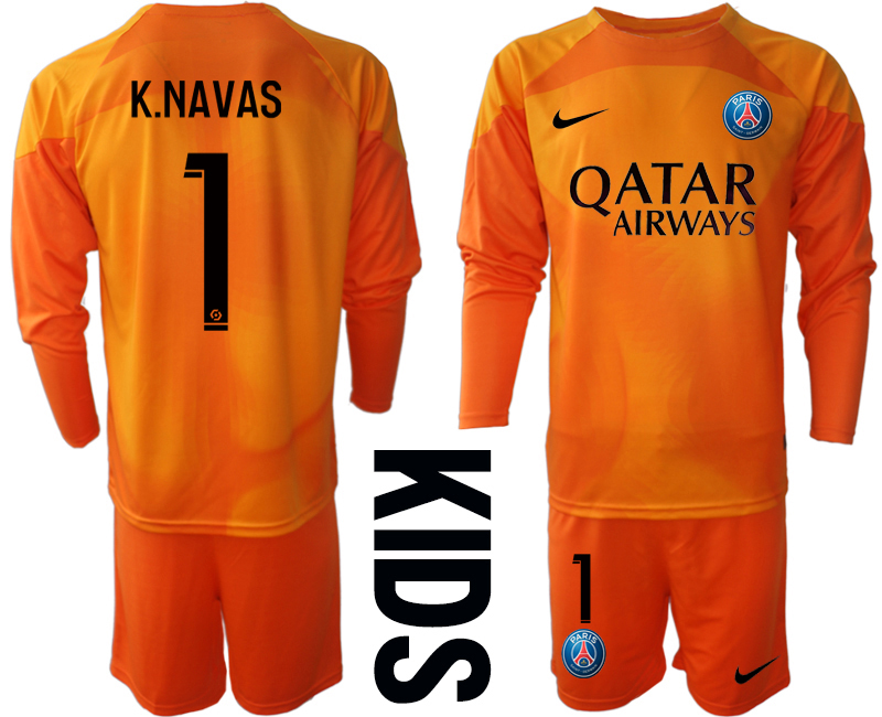 Nya Paris Saint-Germain PSG Målvakt Barn 2023 Orange Långärmad Fotbollströja Set med tryck K.NAVAS 1
