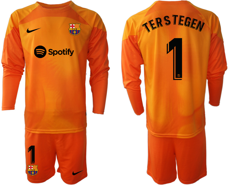 Nya TERSTEGEN #1 FC Barcelona 2023 Målvaktströja Herr orange Långärmad + Korta byxor